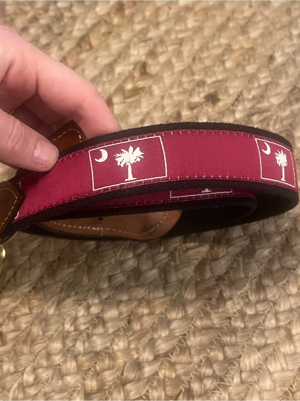 South Carolina Belt Palmetto Web Belt - Burgundy with Brown Leather Trim maroon